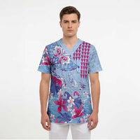 Hawaiian Tribal Manta Ray Scrub Top Kakau Tattoo and Flowers Surfing Waves Pattern Soft Color