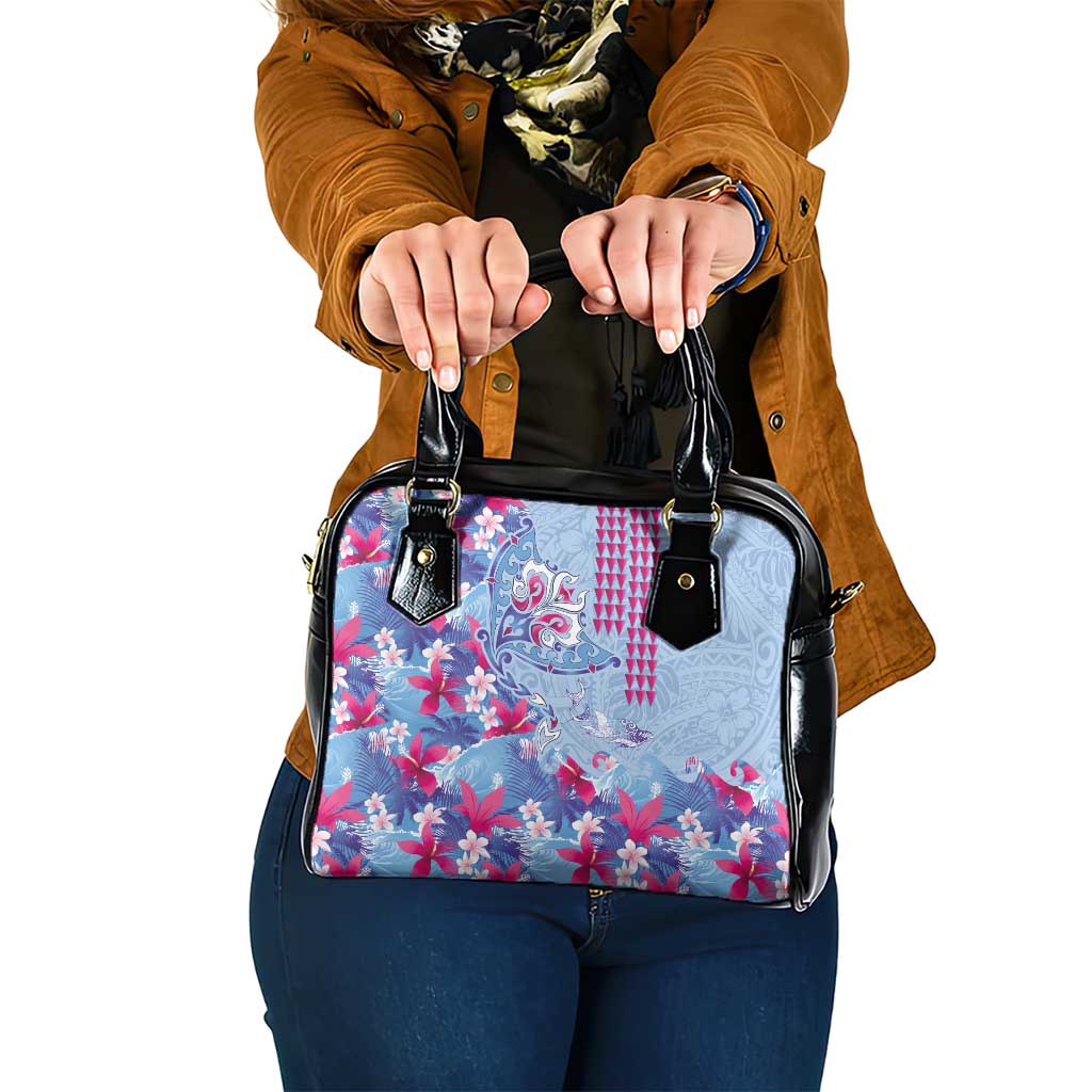 Hawaiian Tribal Manta Ray Shoulder Handbag Kakau Tattoo and Flowers Surfing Waves Pattern Soft Color