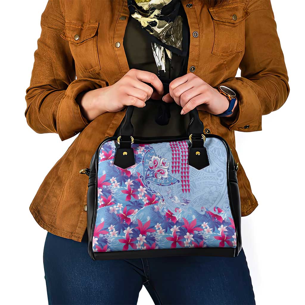 Hawaiian Tribal Manta Ray Shoulder Handbag Kakau Tattoo and Flowers Surfing Waves Pattern Soft Color