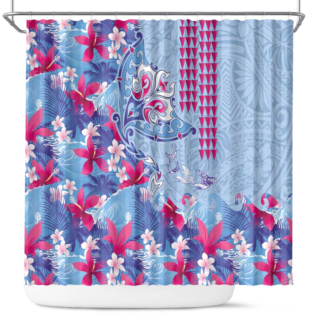 Hawaiian Tribal Manta Ray Shower Curtain Kakau Tattoo and Flowers Surfing Waves Pattern Soft Color LT03 Multicolor - Polynesian Pride