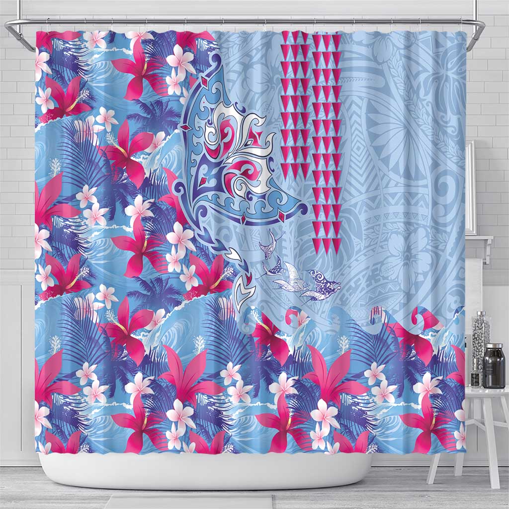Hawaiian Tribal Manta Ray Shower Curtain Kakau Tattoo and Flowers Surfing Waves Pattern Soft Color LT03 - Polynesian Pride