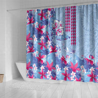 Hawaiian Tribal Manta Ray Shower Curtain Kakau Tattoo and Flowers Surfing Waves Pattern Soft Color LT03 - Polynesian Pride