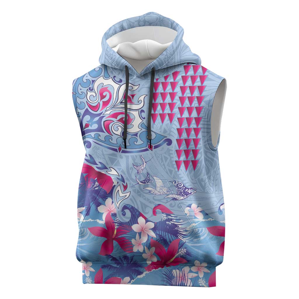 Hawaiian Tribal Manta Ray Sleeveless Hoodie Kakau Tattoo and Flowers Surfing Waves Pattern Soft Color LT03 Multicolor - Polynesian Pride