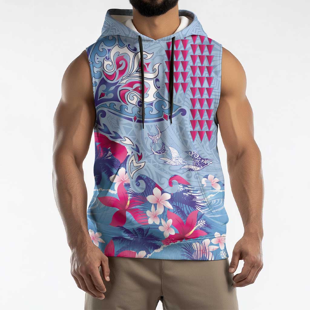 Hawaiian Tribal Manta Ray Sleeveless Hoodie Kakau Tattoo and Flowers Surfing Waves Pattern Soft Color LT03 - Polynesian Pride