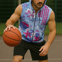 Hawaiian Tribal Manta Ray Sleeveless Zip Hoodie Kakau Tattoo and Flowers Surfing Waves Pattern Soft Color LT03 - Polynesian Pride