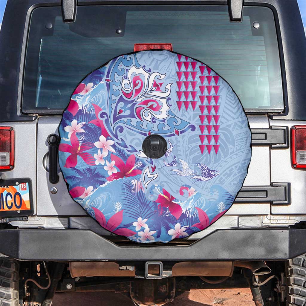 Hawaiian Tribal Manta Ray Spare Tire Cover Kakau Tattoo and Flowers Surfing Waves Pattern Soft Color LT03 Multicolor - Polynesian Pride