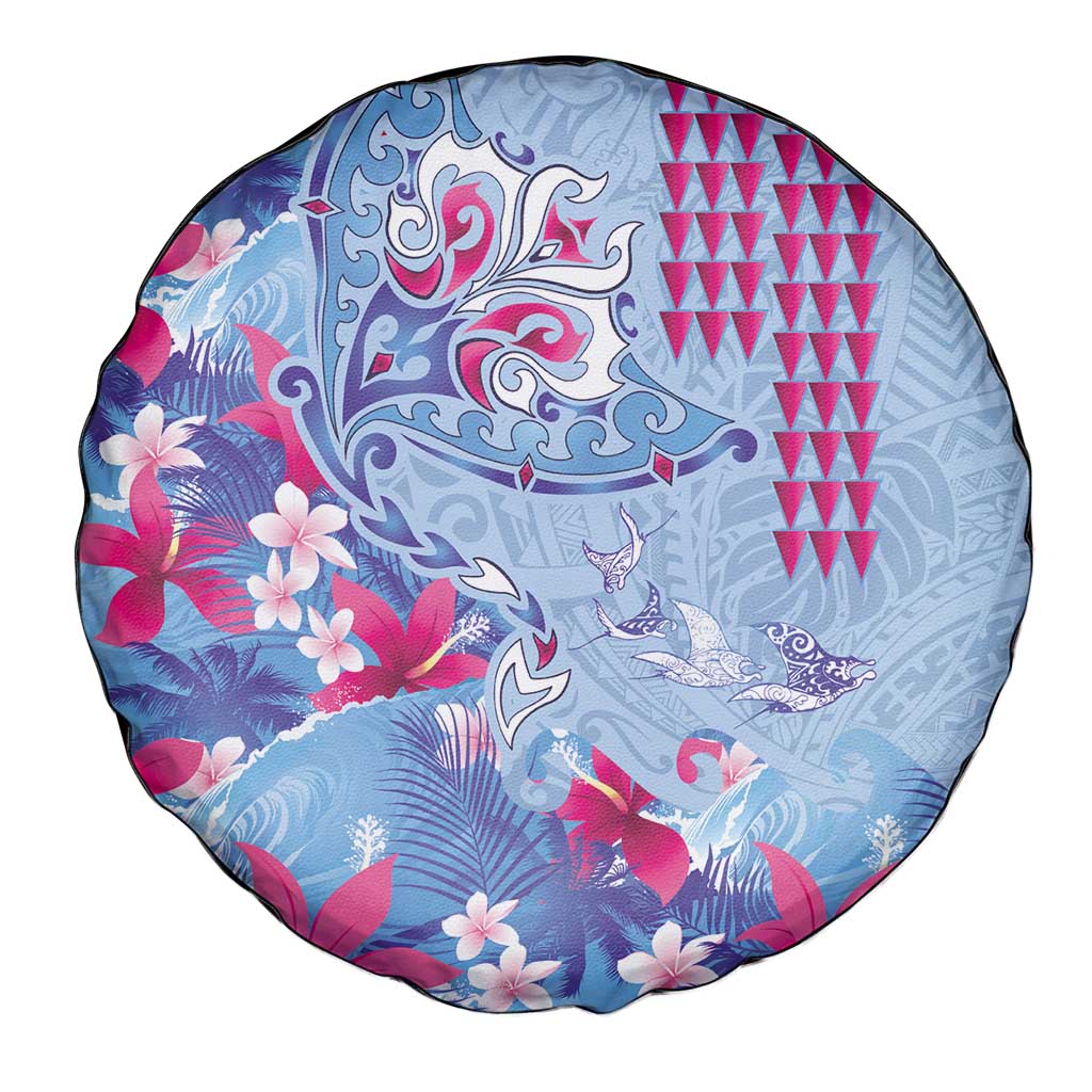 Hawaiian Tribal Manta Ray Spare Tire Cover Kakau Tattoo and Flowers Surfing Waves Pattern Soft Color LT03 - Polynesian Pride