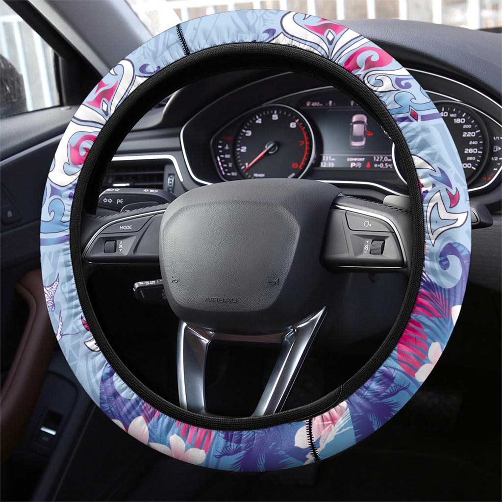 Hawaiian Tribal Manta Ray Steering Wheel Cover Kakau Tattoo and Flowers Surfing Waves Pattern Soft Color LT03 - Polynesian Pride