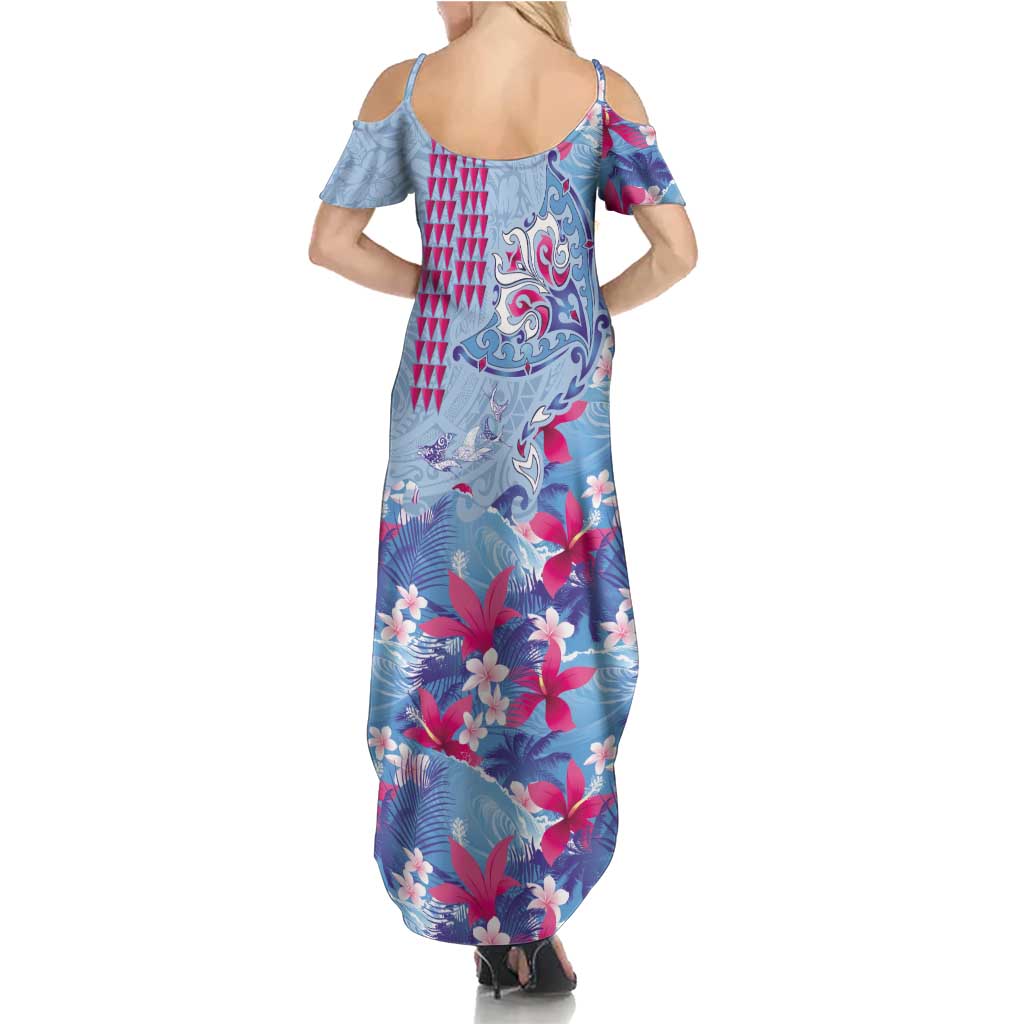 Hawaiian Tribal Manta Ray Summer Maxi Dress Kakau Tattoo and Flowers Surfing Waves Pattern Soft Color LT03 - Polynesian Pride