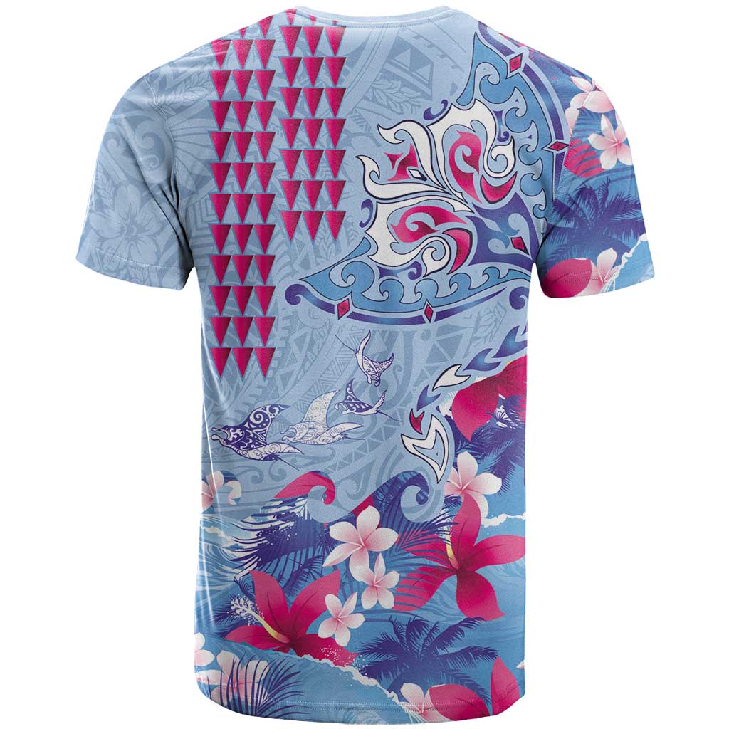 Hawaiian Tribal Manta Ray T Shirt Kakau Tattoo and Flowers Surfing Waves Pattern Soft Color LT03 - Polynesian Pride