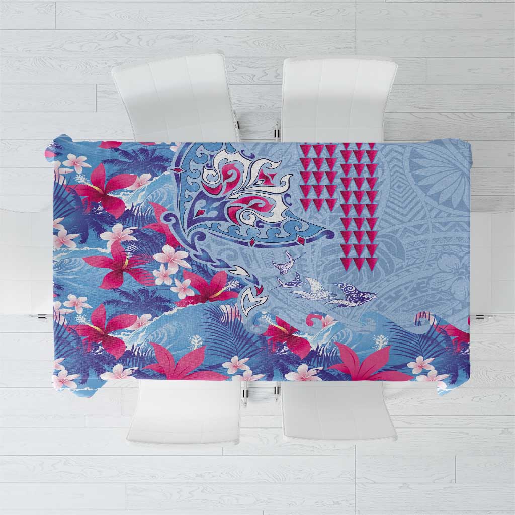 Hawaiian Tribal Manta Ray Tablecloth Kakau Tattoo and Flowers Surfing Waves Pattern Soft Color