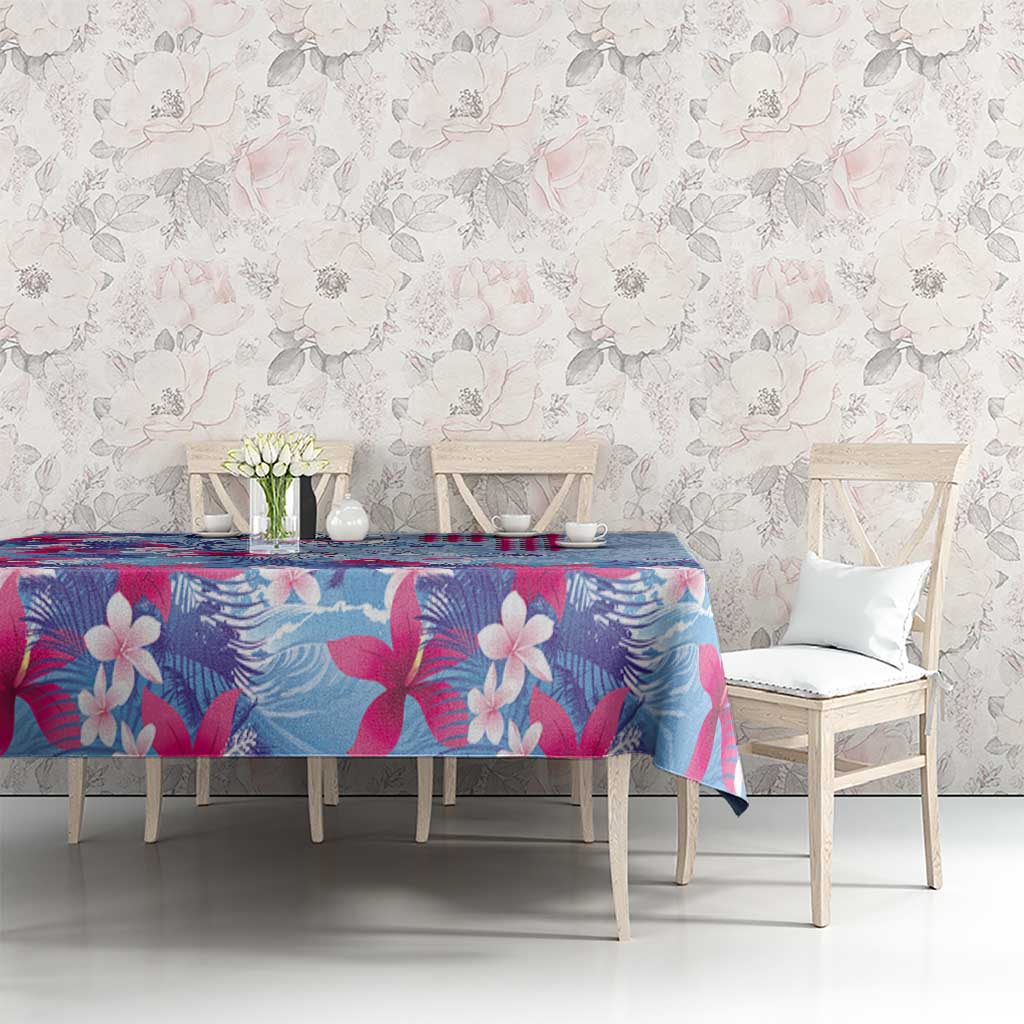 Hawaiian Tribal Manta Ray Tablecloth Kakau Tattoo and Flowers Surfing Waves Pattern Soft Color