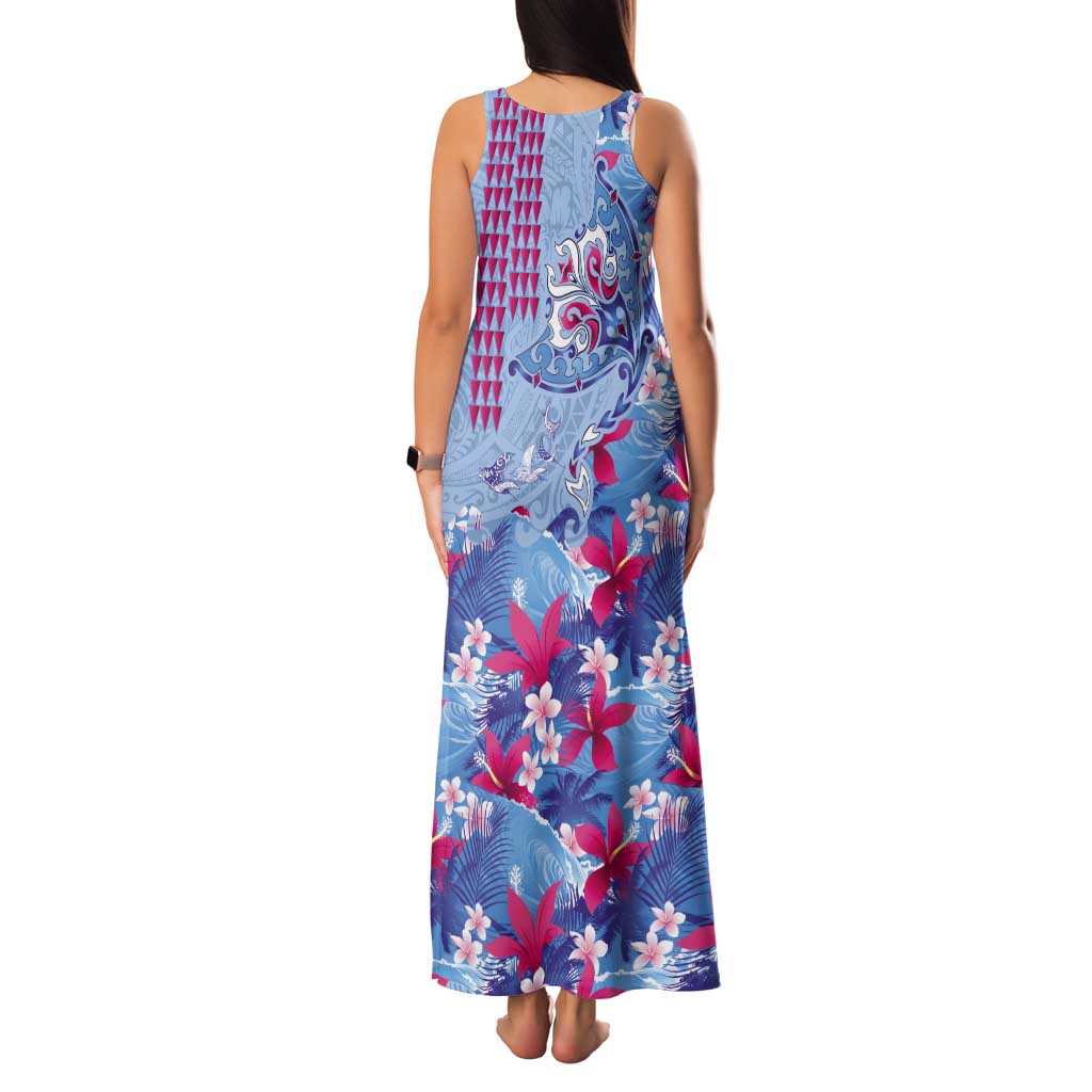 Hawaiian Tribal Manta Ray Tank Maxi Dress Kakau Tattoo and Flowers Surfing Waves Pattern Soft Color LT03 - Polynesian Pride