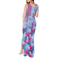 Hawaiian Tribal Manta Ray Tank Maxi Dress Kakau Tattoo and Flowers Surfing Waves Pattern Soft Color LT03 - Polynesian Pride
