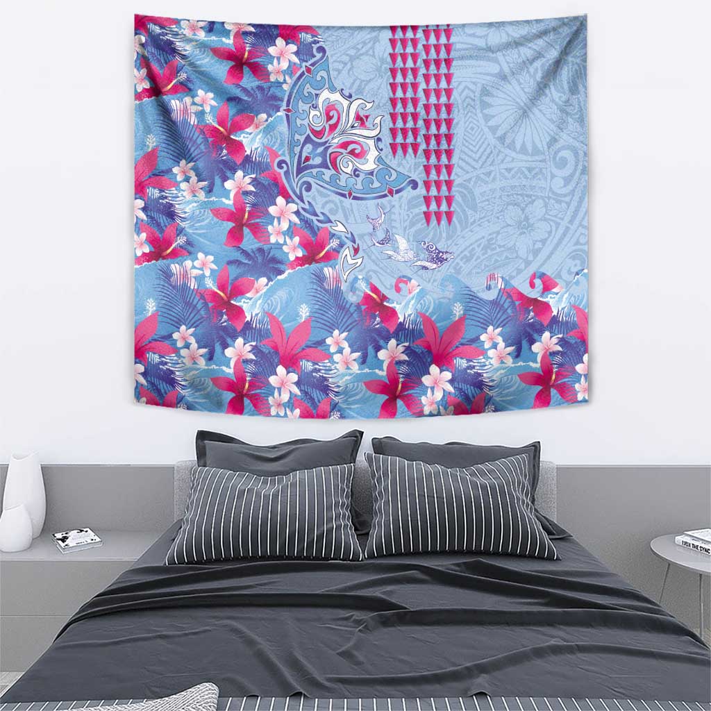 Hawaiian Tribal Manta Ray Tapestry Kakau Tattoo and Flowers Surfing Waves Pattern Soft Color