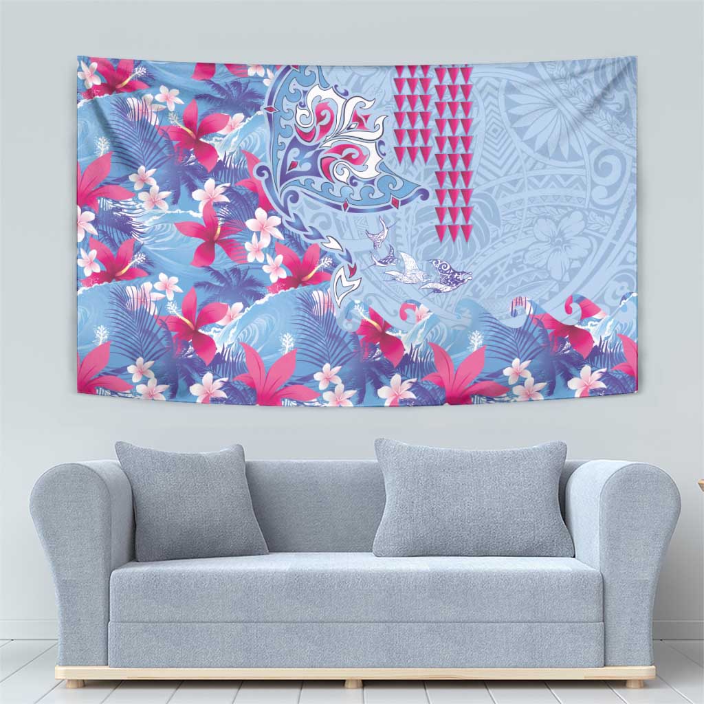 Hawaiian Tribal Manta Ray Tapestry Kakau Tattoo and Flowers Surfing Waves Pattern Soft Color