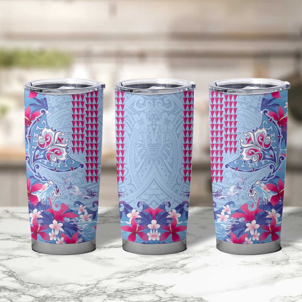Hawaiian Tribal Manta Ray Tumbler Cup Kakau Tattoo and Flowers Surfing Waves Pattern Soft Color LT03 - Polynesian Pride