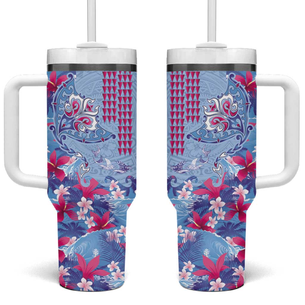 Hawaiian Tribal Manta Ray Tumbler With Handle Kakau Tattoo and Flowers Surfing Waves Pattern Soft Color LT03 One Size: 40 oz Multicolor - Polynesian Pride