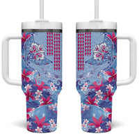 Hawaiian Tribal Manta Ray Tumbler With Handle Kakau Tattoo and Flowers Surfing Waves Pattern Soft Color LT03 One Size: 40 oz Multicolor - Polynesian Pride
