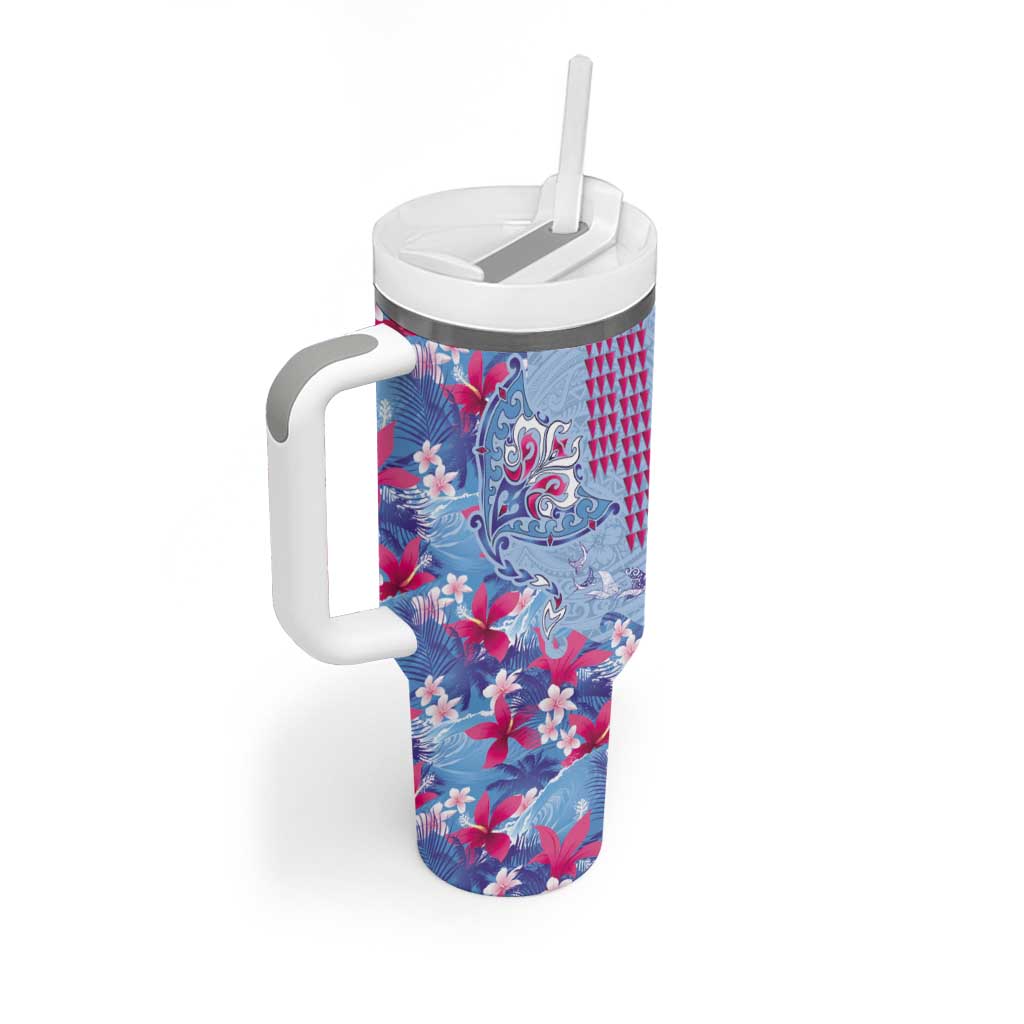Hawaiian Tribal Manta Ray Tumbler With Handle Kakau Tattoo and Flowers Surfing Waves Pattern Soft Color LT03 - Polynesian Pride