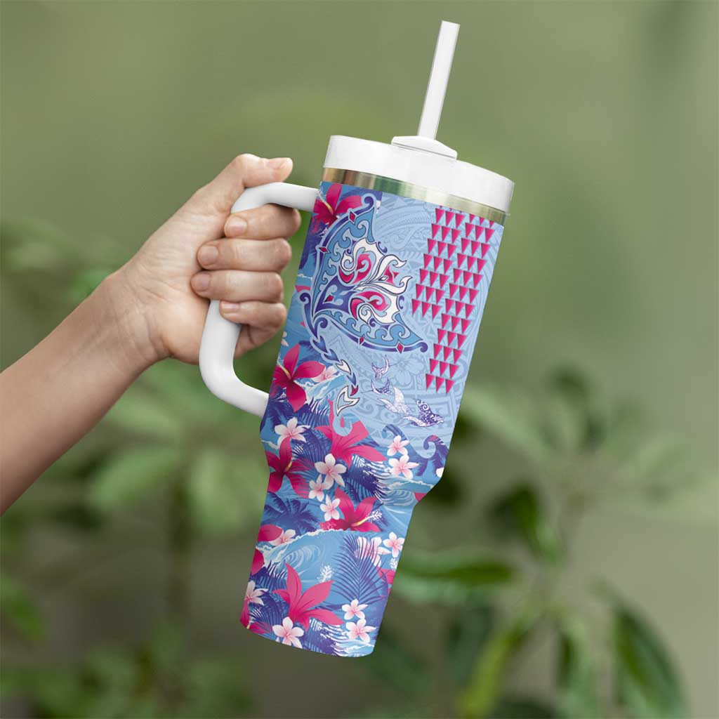 Hawaiian Tribal Manta Ray Tumbler With Handle Kakau Tattoo and Flowers Surfing Waves Pattern Soft Color LT03 - Polynesian Pride