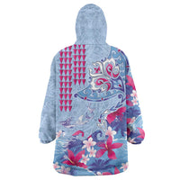 Hawaiian Tribal Manta Ray Wearable Blanket Hoodie Kakau Tattoo and Flowers Surfing Waves Pattern Soft Color LT03 - Polynesian Pride