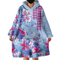 Hawaiian Tribal Manta Ray Wearable Blanket Hoodie Kakau Tattoo and Flowers Surfing Waves Pattern Soft Color LT03 - Polynesian Pride