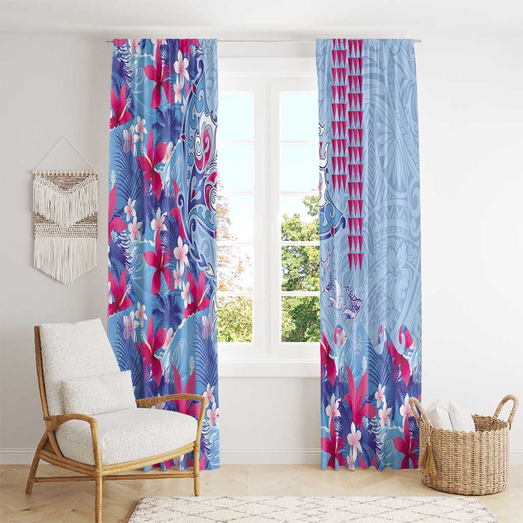 Hawaiian Tribal Manta Ray Window Curtain Kakau Tattoo and Flowers Surfing Waves Pattern Soft Color