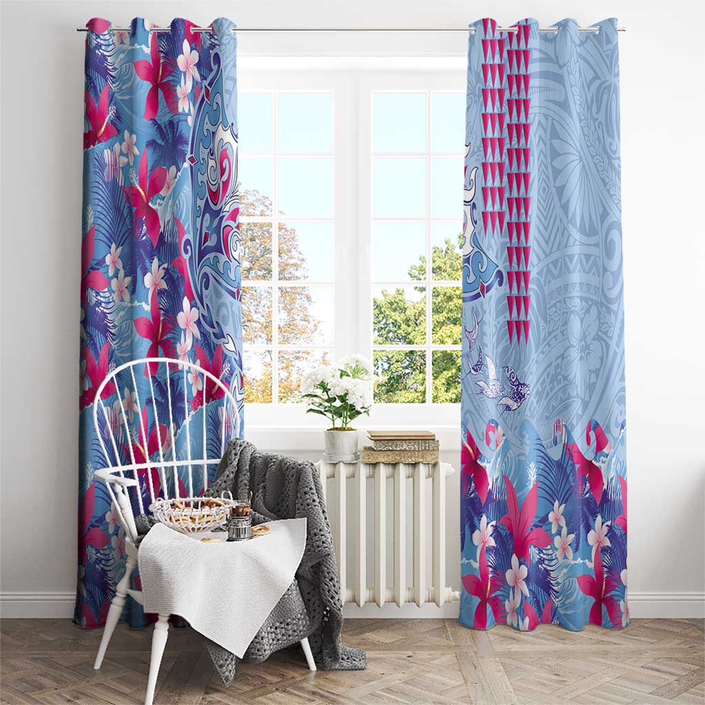 Hawaiian Tribal Manta Ray Window Curtain Kakau Tattoo and Flowers Surfing Waves Pattern Soft Color