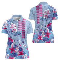 Hawaiian Tribal Manta Ray Women Polo Shirt Kakau Tattoo and Flowers Surfing Waves Pattern Soft Color LT03 - Polynesian Pride