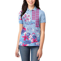 Hawaiian Tribal Manta Ray Women Polo Shirt Kakau Tattoo and Flowers Surfing Waves Pattern Soft Color LT03 - Polynesian Pride