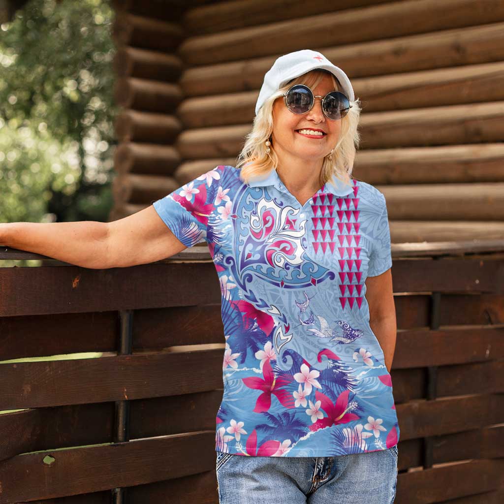 Hawaiian Tribal Manta Ray Women Polo Shirt Kakau Tattoo and Flowers Surfing Waves Pattern Soft Color LT03 - Polynesian Pride
