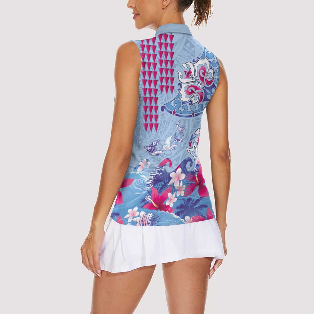 Hawaiian Tribal Manta Ray Women Sleeveless Polo Shirt Kakau Tattoo and Flowers Surfing Waves Pattern Soft Color LT03 - Polynesian Pride