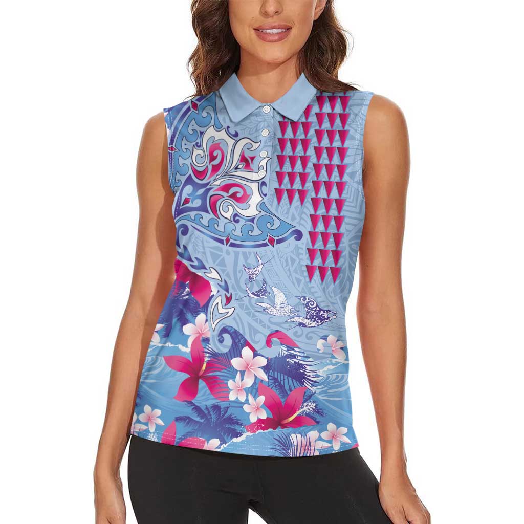 Hawaiian Tribal Manta Ray Women Sleeveless Polo Shirt Kakau Tattoo and Flowers Surfing Waves Pattern Soft Color LT03 - Polynesian Pride