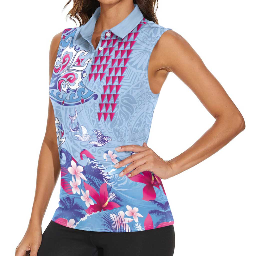 Hawaiian Tribal Manta Ray Women Sleeveless Polo Shirt Kakau Tattoo and Flowers Surfing Waves Pattern Soft Color LT03 - Polynesian Pride