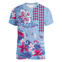 Hawaiian Tribal Manta Ray Women V-Neck T-Shirt Kakau Tattoo and Flowers Surfing Waves Pattern Soft Color LT03 Female Multicolor - Polynesian Pride