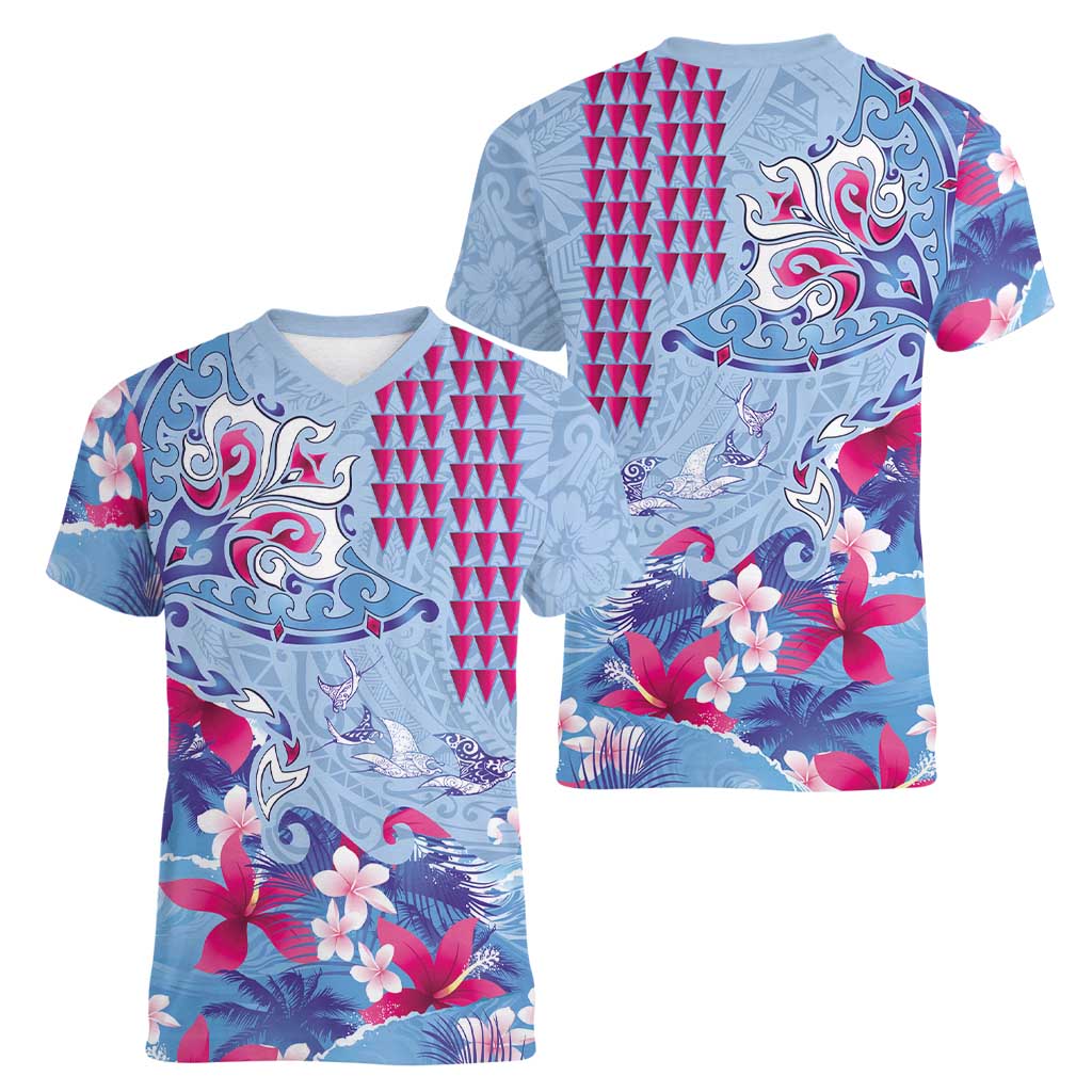 Hawaiian Tribal Manta Ray Women V-Neck T-Shirt Kakau Tattoo and Flowers Surfing Waves Pattern Soft Color LT03 - Polynesian Pride