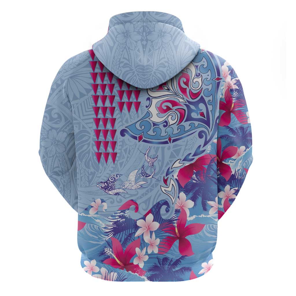 Hawaiian Tribal Manta Ray Zip Hoodie Kakau Tattoo and Flowers Surfing Waves Pattern Soft Color LT03 - Polynesian Pride