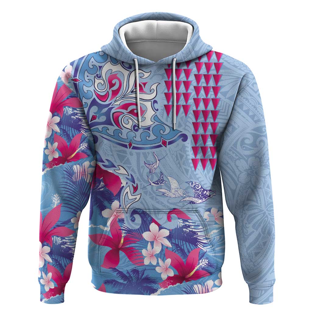 Hawaiian Tribal Manta Ray Zip Hoodie Kakau Tattoo and Flowers Surfing Waves Pattern Soft Color LT03 Pullover Hoodie Multicolor - Polynesian Pride
