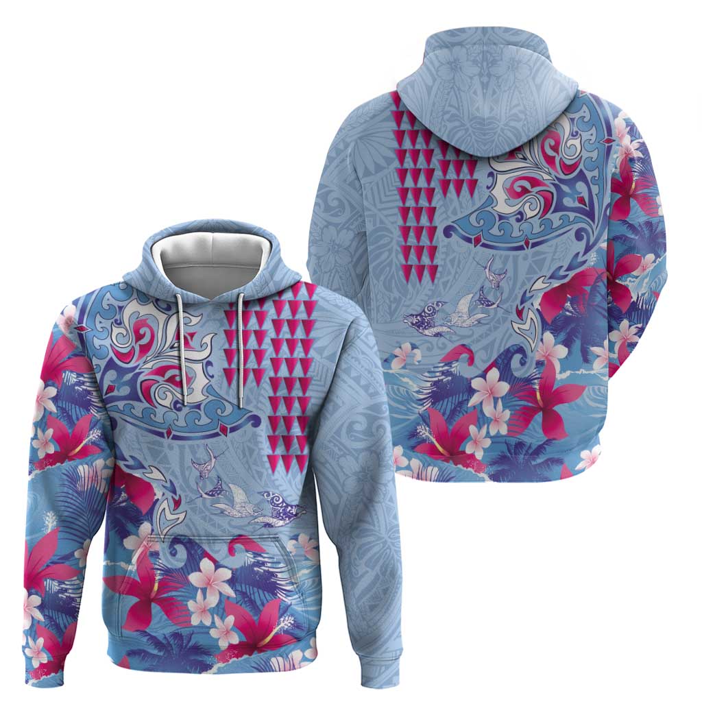 Hawaiian Tribal Manta Ray Zip Hoodie Kakau Tattoo and Flowers Surfing Waves Pattern Soft Color LT03 - Polynesian Pride