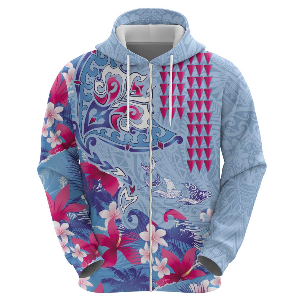 Hawaiian Tribal Manta Ray Zip Hoodie Kakau Tattoo and Flowers Surfing Waves Pattern Soft Color LT03 - Polynesian Pride