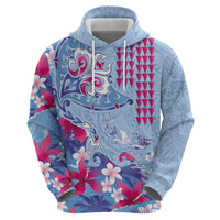 Hawaiian Tribal Manta Ray Zip Hoodie Kakau Tattoo and Flowers Surfing Waves Pattern Soft Color LT03 - Polynesian Pride