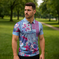 Hawaiian Tribal Manta Ray Zipper Polo Shirt Kakau Tattoo and Flowers Surfing Waves Pattern Soft Color LT03 - Polynesian Pride