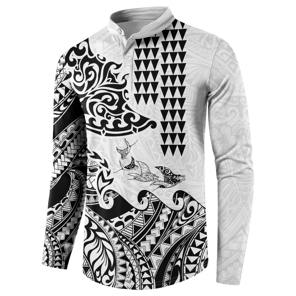 Hawaiian Tribal Manta Ray Button Sweatshirt Kakau Tattoo and Polynesian Art Motif Pattern