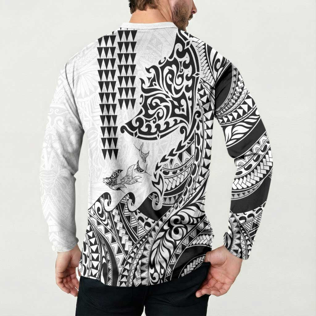 Hawaiian Tribal Manta Ray Button Sweatshirt Kakau Tattoo and Polynesian Art Motif Pattern