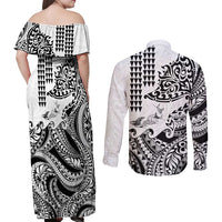 Hawaiian Tribal Manta Ray Couples Matching Off Shoulder Maxi Dress and Long Sleeve Button Shirt Kakau Tattoo and Polynesian Art Motif Pattern LT03 - Polynesian Pride