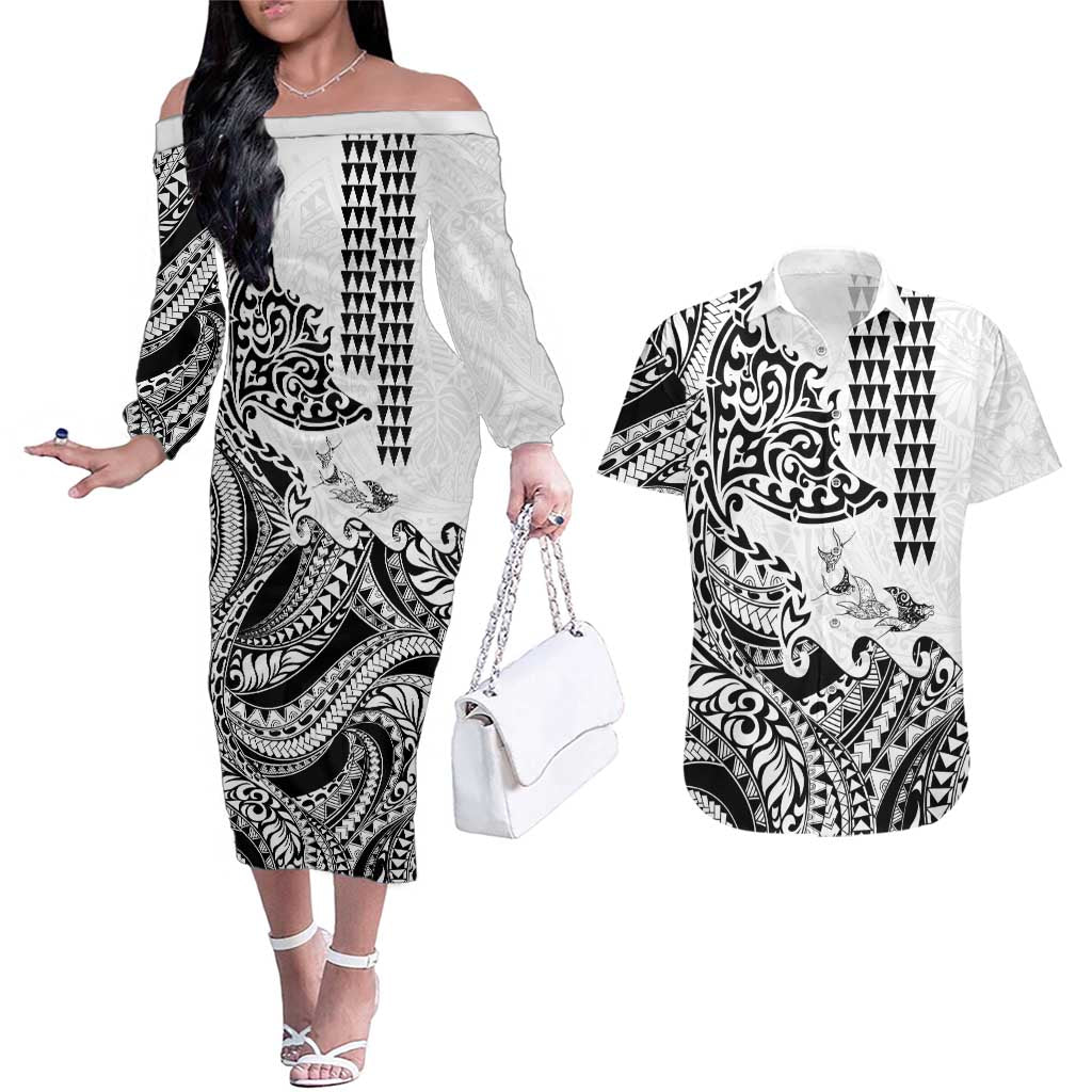 Hawaiian Tribal Manta Ray Couples Matching Off The Shoulder Long Sleeve Dress and Hawaiian Shirt Kakau Tattoo and Polynesian Art Motif Pattern