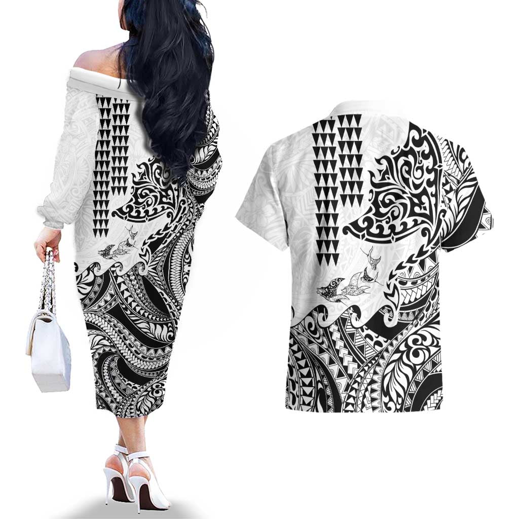 Hawaiian Tribal Manta Ray Couples Matching Off The Shoulder Long Sleeve Dress and Hawaiian Shirt Kakau Tattoo and Polynesian Art Motif Pattern LT03 - Polynesian Pride