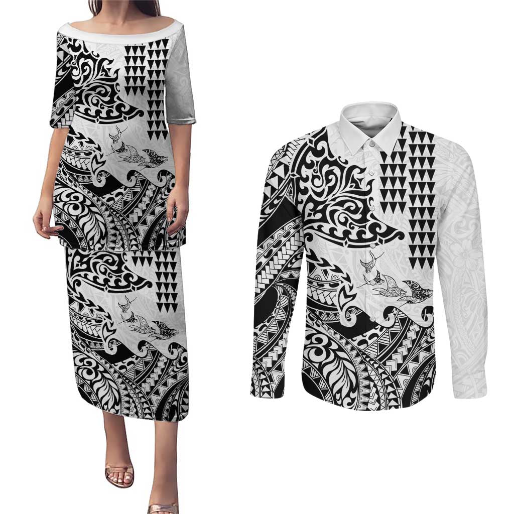 Hawaiian Tribal Manta Ray Couples Matching Puletasi and Long Sleeve Button Shirt Kakau Tattoo and Polynesian Art Motif Pattern LT03 Multicolor - Polynesian Pride