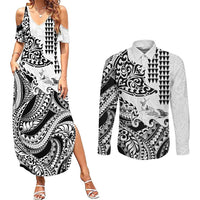Hawaiian Tribal Manta Ray Couples Matching Summer Maxi Dress and Long Sleeve Button Shirt Kakau Tattoo and Polynesian Art Motif Pattern LT03 Multicolor - Polynesian Pride